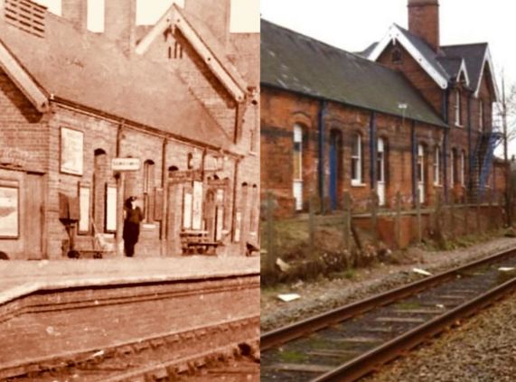Image comparing view of Gedling station platform when it was in use with the same view shortly after its closure