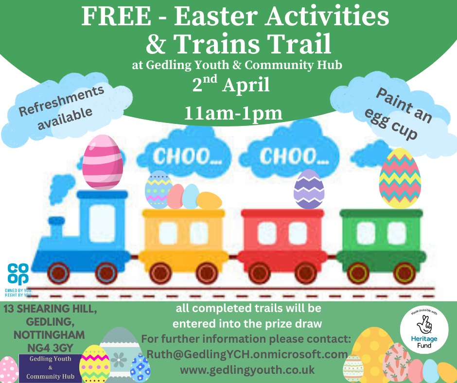 Image of a train promoting an event at the Gedling Youth and Community Hub on 2 April 2026